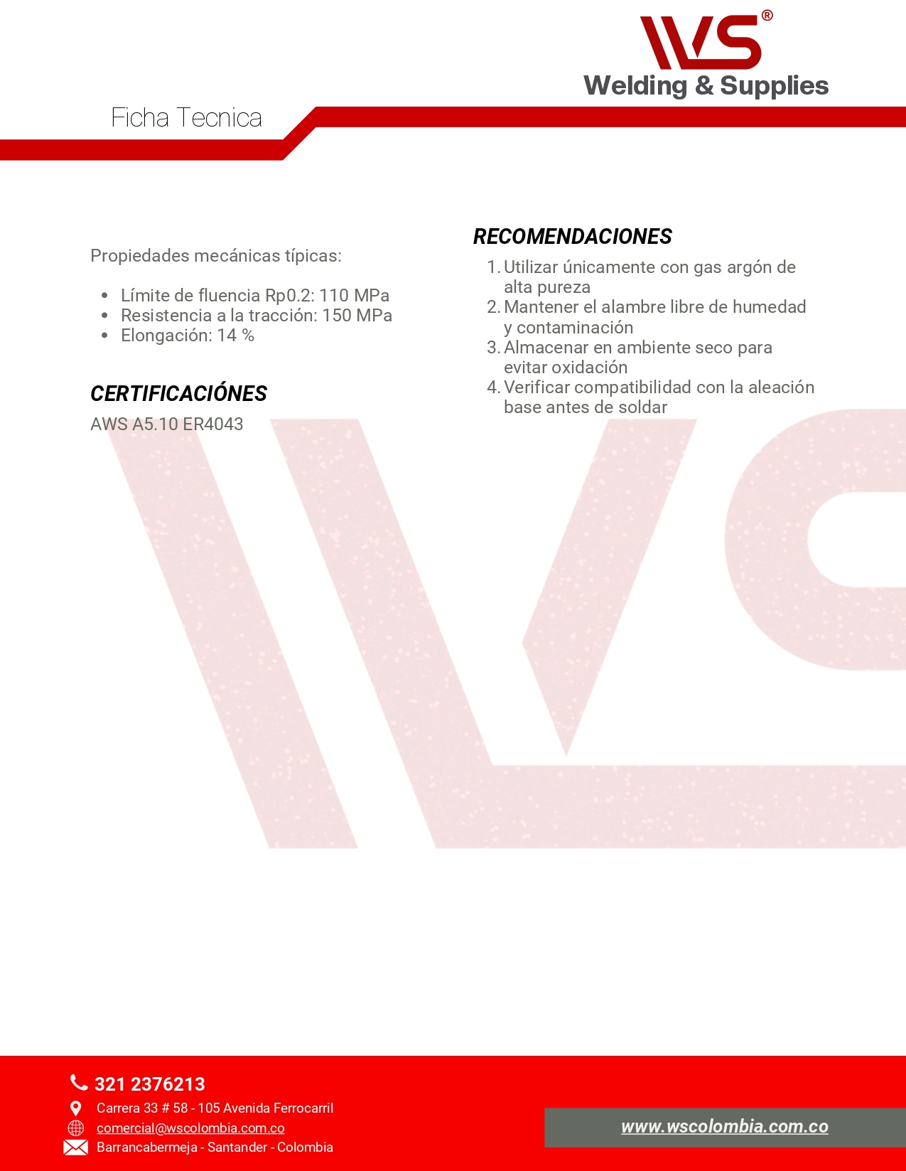 FICHA TECNICA Soldadura ER4043 WS WELDING page 0002